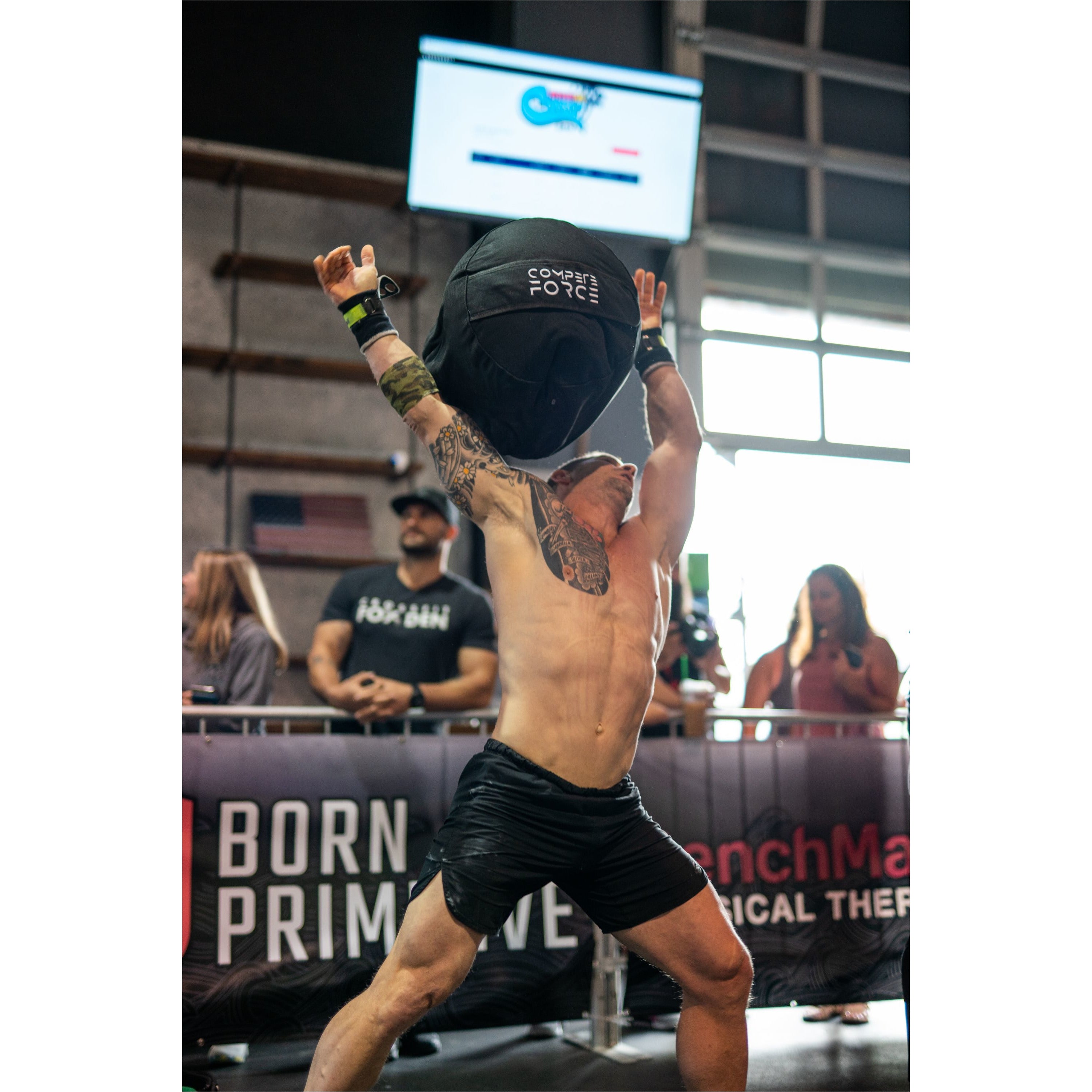 "Compete Force Strongman Bag – Take your training to the next level for Fight for the Fittest with dynamic movements like squats, lunges, and over-the-shoulder throws."